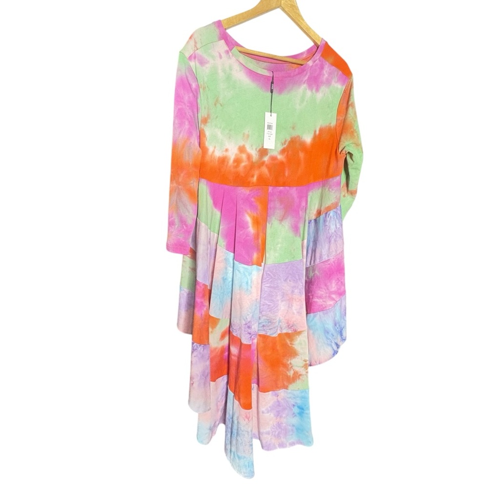 Why Dress Colorful Tie Dye Hi Low 3/4 Sleeve Tiered Ruffled Back NWT XL - Picture 5 of 14